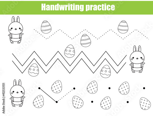Handwriting practice sheet. Educational children game. Preschool Tracing for kids. Easter activity for toddlers