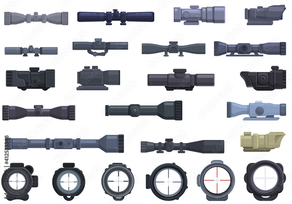 Telescopic sight icons set. Cartoon set of telescopic sight vector icons for web design