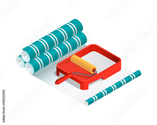 Isometric vector illustration paint roller, paint tray and wallpaper rolls isolated on white background. Realistic colorful wallpaper sticking icon in flat cartoon style. Renovation and reconstruction