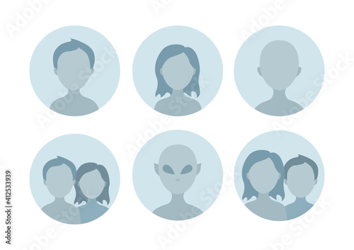 Avatar icons in flat style. Different anonymous user portrait. Avatar of woman, man and alien. 