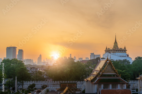The Golden Mount pagoda or Phu Khao Thong at Wat Saket temple  during sunrise morning  Bangkok  Thailand
