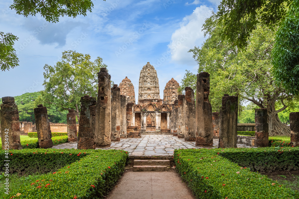 Wat Sri Sawai, ancient temple with three top pagoda in Sukhothai Historical Park, Thailand, UNESCO World Heritage site.