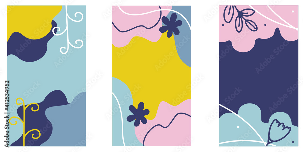 Stories template with modern abstract background and floral elements, vector illustration in bright colors