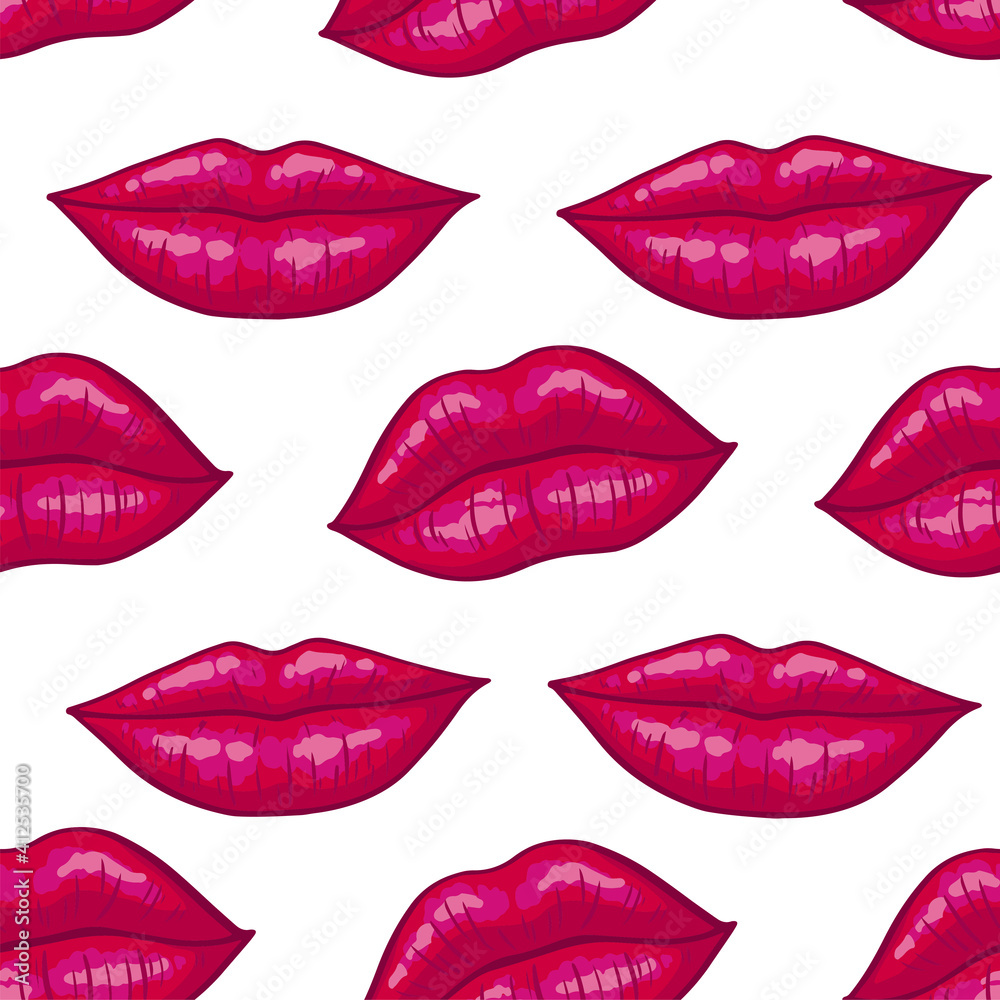 Obraz premium Lips seamless pattern on white background in pop art style. Sexy pink kisses, makeup. Colorful cartoon style. Desing for textile, clothes. Vector illustration.