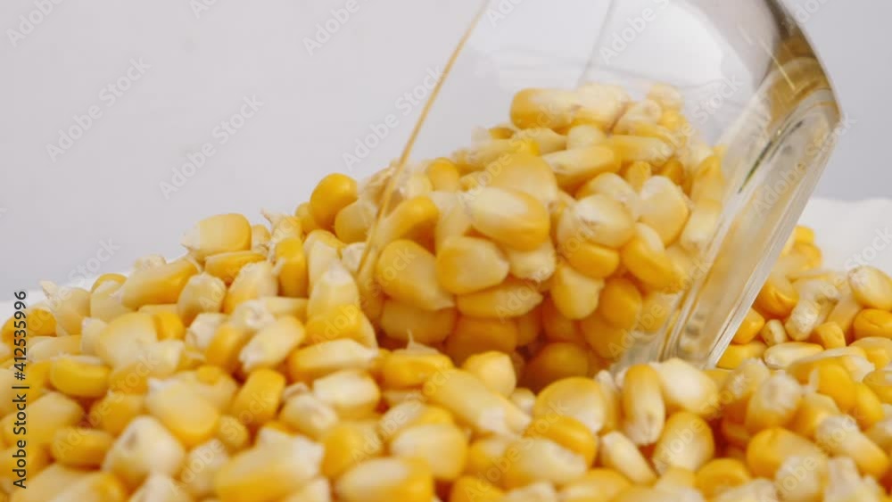 Rotating shot of glass bowl half stuck in corn seeds Rotating shot of glass bowl half stuck in corn seeds