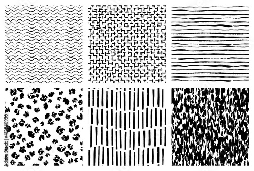 Hand drawn ink pattern and textures. Seamless abstract vector backgrounds in black and white. Trendy monochrome brush marks.
