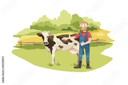 Cheerful farmer with a cow. Vector illustration, dairy farm, rural landscape with meadows and fields.