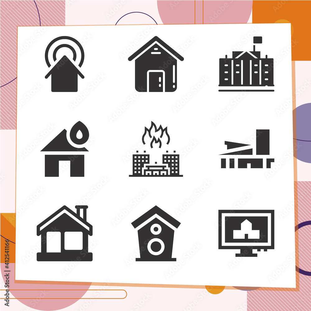 Simple set of 9 icons related to cottage