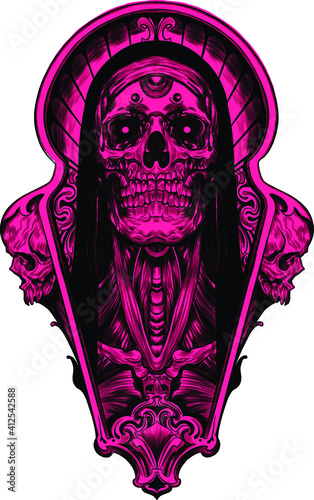 skull pink psychedelic sketch tattoo print vector illustration