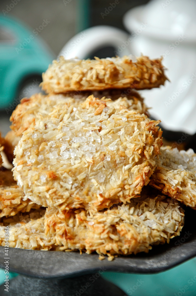 Oatmeal cookies with banana and sugar on a gray plateau Oatmeal cookies with banana and sugar on a gray plateau