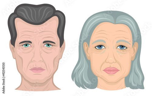 Illustration of faces of elderly man and woman on white background 