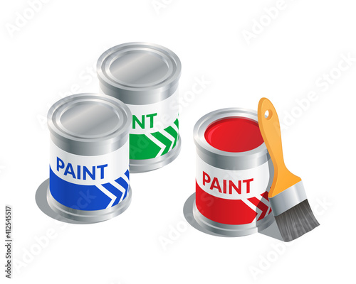Isometric vector illustration paint buckets and brush isolated on white background. Realistic paint cans and brush icon in flat cartoon style. Painting, renovation and reconstruction.