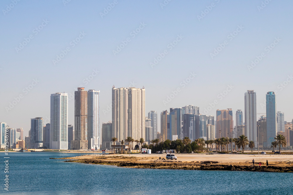 Sharjah,UAE - 02.06.2021 Waterfront in Al Khan area of Sharjah Emirate. UAE. Outdoors.