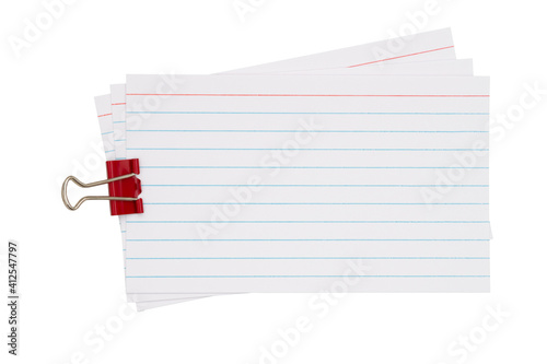 Retro white paper index cards with paper clip isolated on white