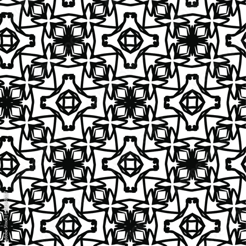  Geometric vector pattern with triangular elements. Seamless abstract ornament for wallpapers and backgrounds. Black and white colors.