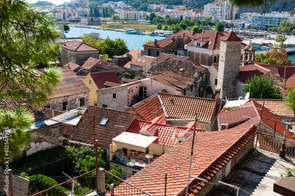 Panorama of the city of Omish.The Church of St. Michael with a high bell tower.Croatia