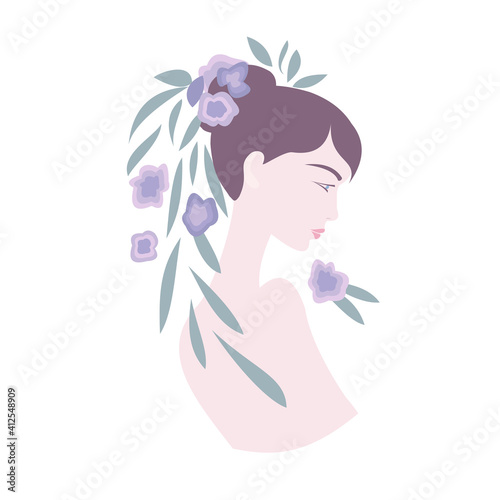 Pretty woman bride with flowers and leaves. Vector illustration.