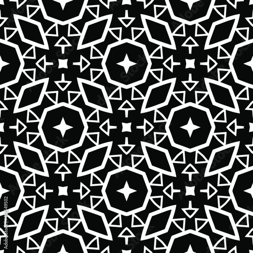  Geometric vector pattern with triangular elements. Seamless abstract ornament for wallpapers and backgrounds. Black and white colors.