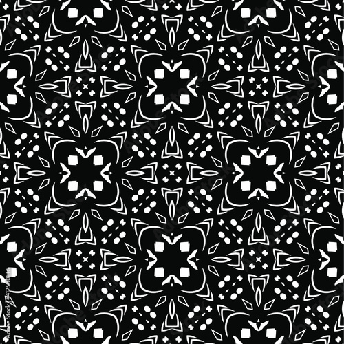  Geometric vector pattern with triangular elements. Seamless abstract ornament for wallpapers and backgrounds. Black and white colors.