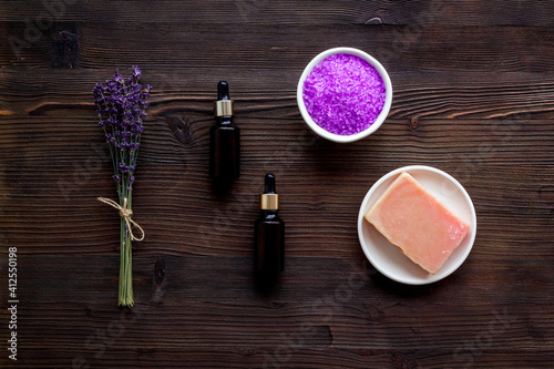 Aromatherapy wellness background with lavender cosmetics