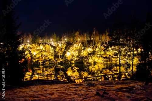 The majestic marble canyon in Ruskeala. Beautiful colored illumination.