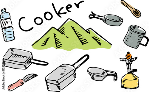 ラフな手書きの山と調理道具クッカー(カラー)