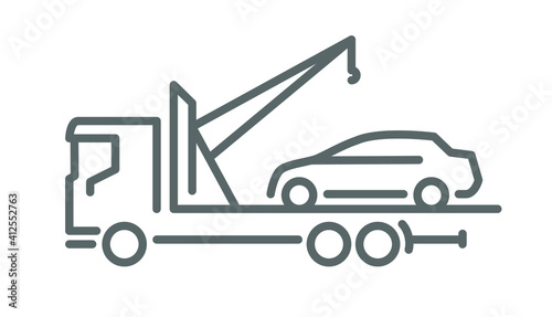 Icon, line silhouette, tow truck with broken car outline 