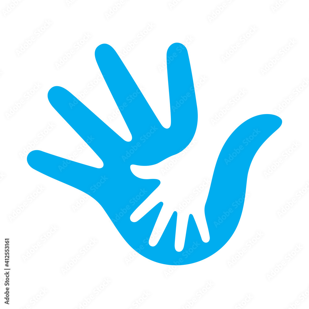 Vector blue hand in hand symbol. Help others. Isolated on white background.