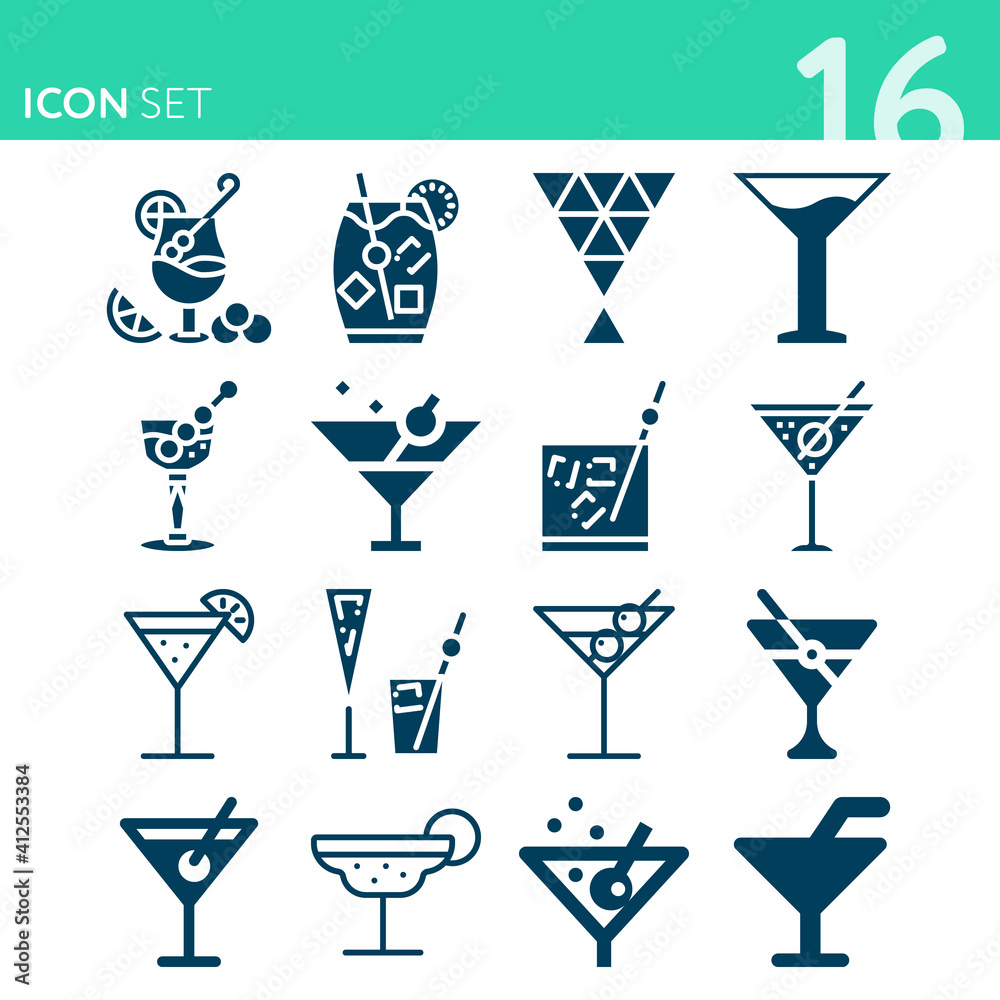 Simple set of 16 icons related to martini Simple set of 16 icons related to martini
