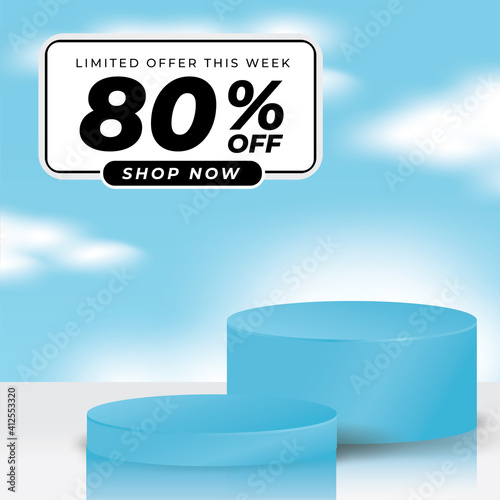 3D Cylinder podium minimal scene background with sale offer text. blue pastel colour theme for show product promotion. -3D Vector. photo