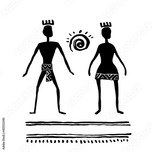 Rock art. Prehistoric people. Man and woman. Ink drawing sketch. Vector illustration. photo