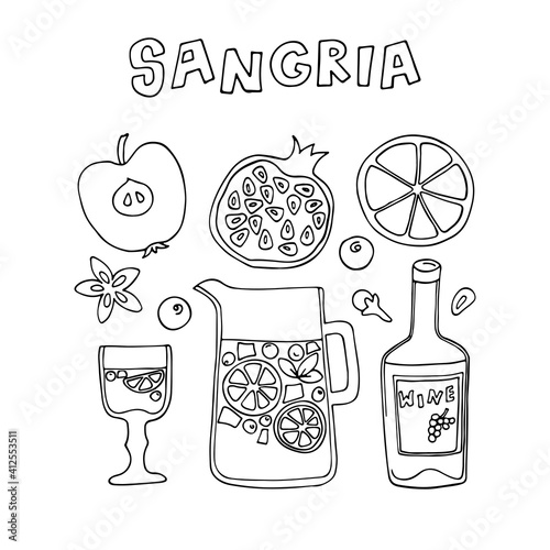 Sangria. Hand drawn illustration in doodle style. Traditional spanish alcohol drink. Vector illustration.