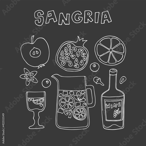 Sangria. Hand drawn illustration in doodle style. Traditional spanish alcohol drink. Vector illustration.