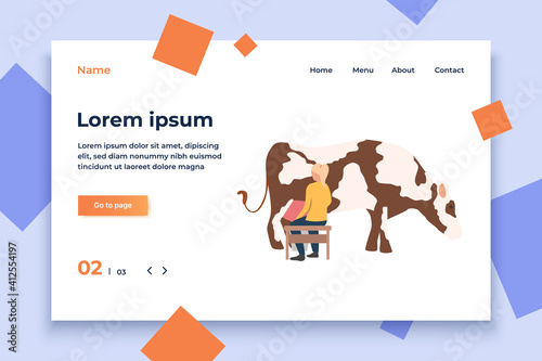 Milkmaid vector illustration. Woman milking cow. Farming concept. Illustration can be used for topics like agriculture, ranching cattle, fresh milk