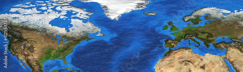 Geographical map of North America, Western Europe and North Africa and. Detailed flat view of the Planet Earth and its landforms. 3D illustration - Elements of this image furnished by NASA