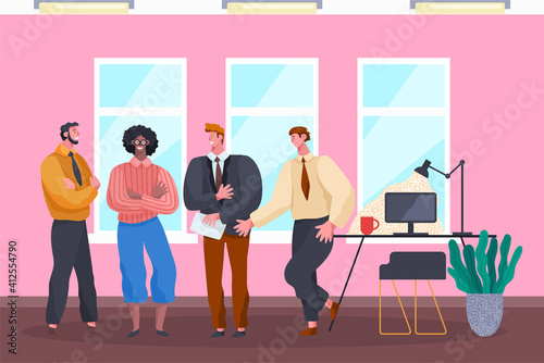 Business meeting, communicating colleagues, mix race men, standing businesspeople, partners discuss new project or startup with each other, businessman teamwork, executive office workers conversation