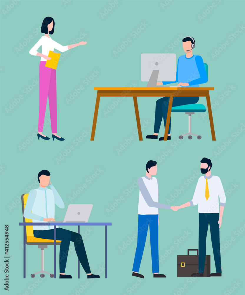 People working in office vector, man sitting by table with laptop and info, lady secretary holding stack of papers documentation, working programmer set