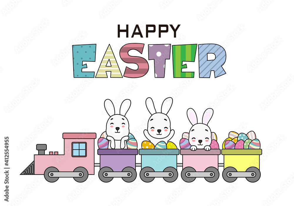 Happy easter card. Cute rabbits in train with easter eggs. Isolated vector Happy easter card. Cute rabbits in train with easter eggs. Isolated vector