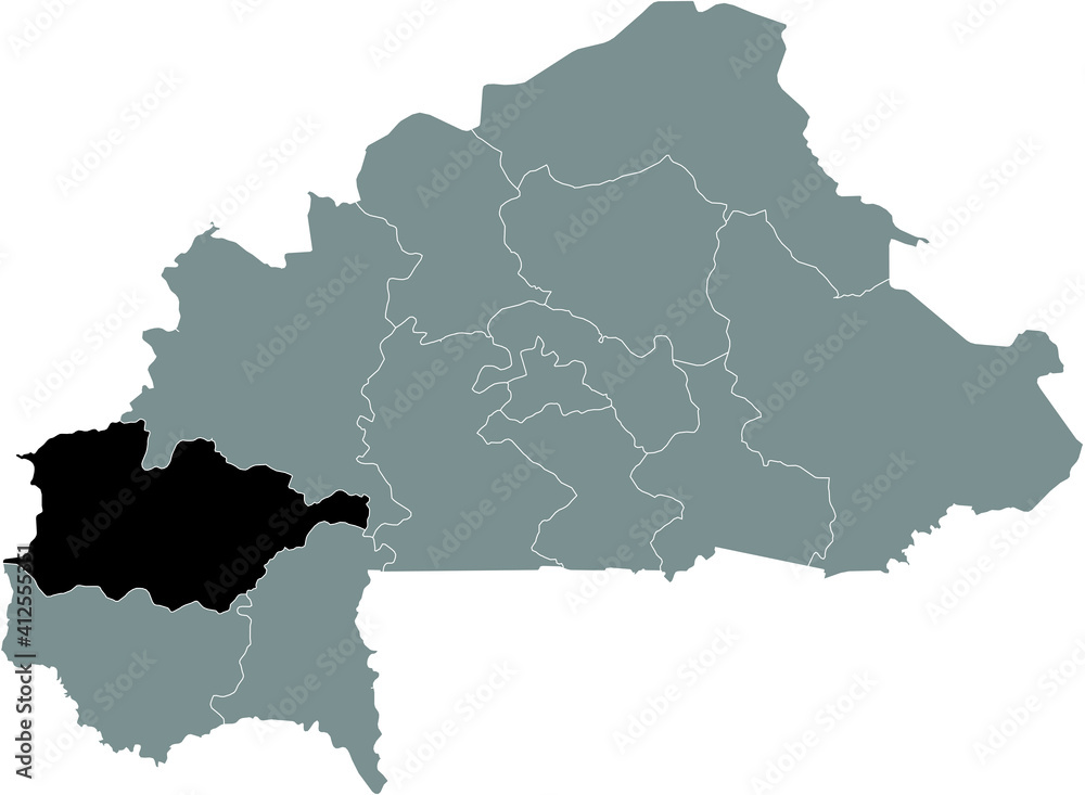Obraz premium Black location map of Burkinabé Hauts-Bassins region inside gray map of Burkina Faso