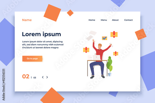 Manager working at laptop. Employee completing tasks and answering important messages. Business concept. Illustration can be used for topics like timing, schedule, deadline