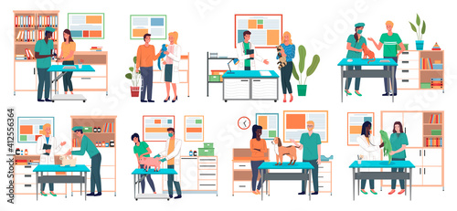 Set of illustrations on the topic of visit to the veterinary clinic. Doctor diagnoses animal diseases. Assistants and owners help in treatment process. Professional consultation about domestic animals