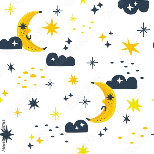 Banana moon Fruity planet Celestial fruit seamless vector pattern. Sweet dreams childish background for textile apparel design print