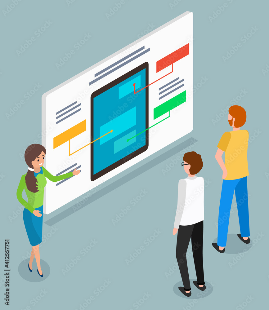Presentation at board, woman manager show infographics to customers with digital tablet or new model of electronic device, communication with buyers, partners, 3d isometric illustration in flat style Presentation at board, woman manager show infographics to customers with digital tablet or new model of electronic device, communication with buyers, partners, 3d isometric illustration in flat style