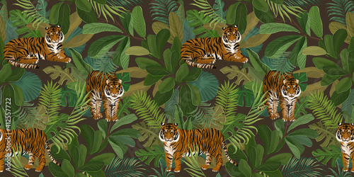 Tropical background with tigers. Exotic plant pattern. Hand drawing for design of fabric, paper, wallpaper, notebook covers