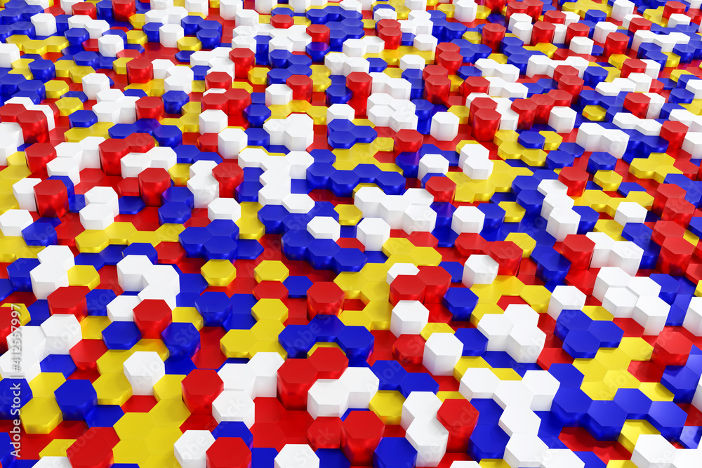 Abstract multicolor red blue yellow and white hexagon background geometric layer, 3d render. Abstract multicolor red blue yellow and white hexagon background geometric layer, 3d render.