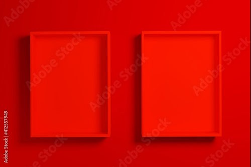 Red box or tray mockup for product presentation on red background, 3d render.