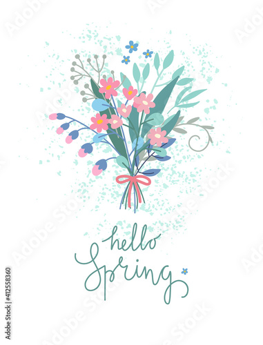Hello spring. Cute illustration with spring bouquet. Vector template for card, poster, flyer, cover.