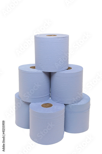 multi pack of industrial sized blue paper towels stacked on top of each other
