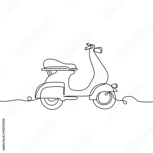 Continuous one line drawing  of a retro scooter. Vector illustration. Transportation concept. Perfect for cards, party invitations, posters, stickers, clothing.