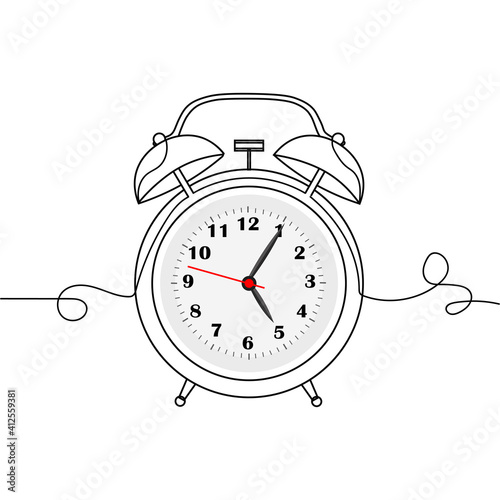 Continuous one line drawing  of an old ringing alarm clock. Vector illustration.Flat style icon ringing alarm clock. Perfect for cards, party invitations, posters, stickers, clothing.